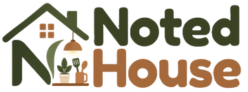 The Noted House logo, featuring a stylized house icon in dark green with a hanging lamp, small plant, and mug, alongside the words 'Noted House' in dark green and terracotta brown.